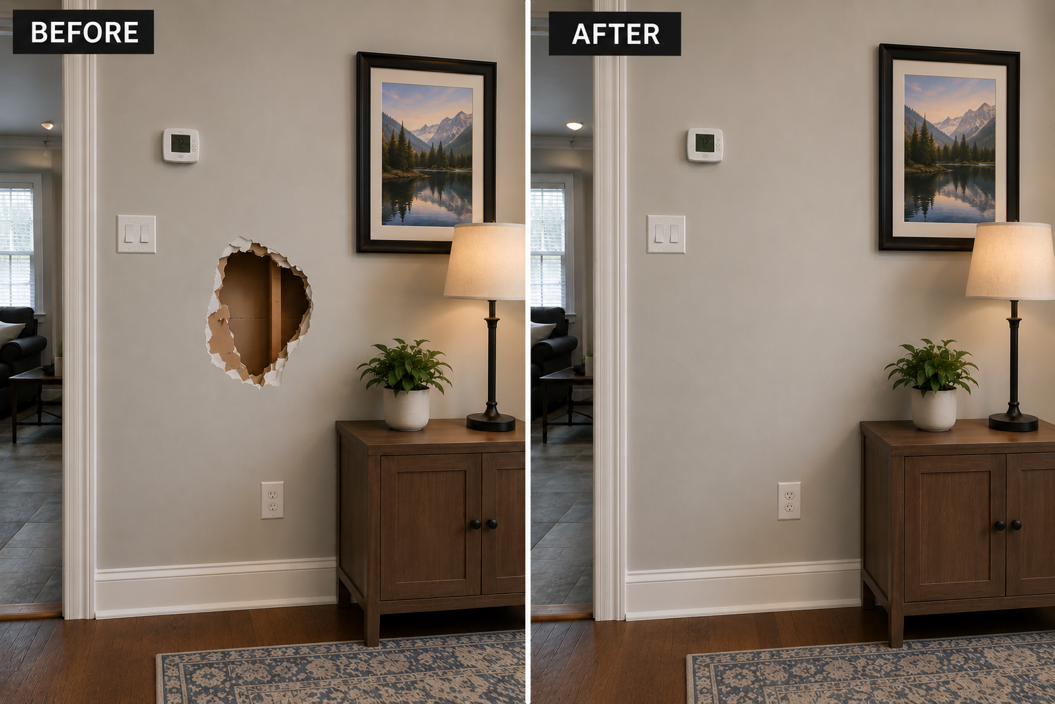 Before and after drywall repair
